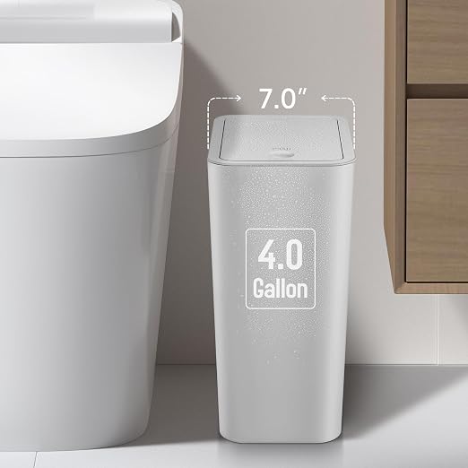 TIPGO Bathroom Trash Can with Lid, 4 Gallon / 15 Liter Small Garbage Can, Press Top Bin, Plastic Wastebasket with Pop-Up Lid for Bedroom, Living Room, Office (Grey) - Image 2