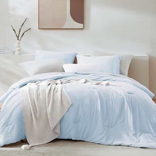 WRENSONGE Queen Comforter Set - 7 Pieces Ice Blue Soft Bed in a Bag Queen with Fitted Sheet, Flat Sheet, 2 Pillow Shams, and 2 Pillowcases- Warm Bedding Sets for All Season
