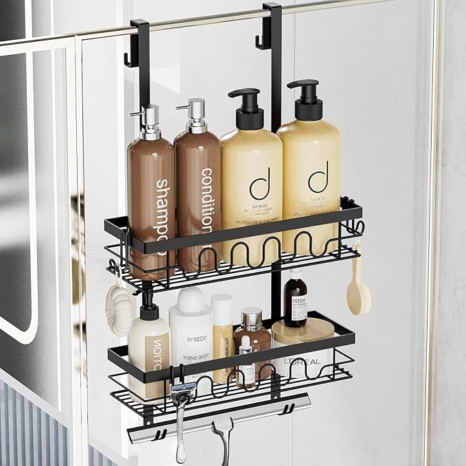 Over the Door Shower Caddy Hanging, 3-in-1 Rustproof Shower Organizer for Glass Door, No Drilling Shower Shelves with 4+3 Hooks, Wave Design, Stable, Adjustable Suitable for Kitchen/Bathroom/Balcony by Unknown