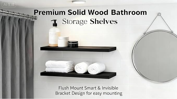 ROGMARS 36 Inches Long Black Floating Shelves,Rustic Solid Wood Farmhouse Wall Shelves with Invisible Brackets for Bathroom, Living Room, Bedroom, Kitchen Set of 2 - Image 7