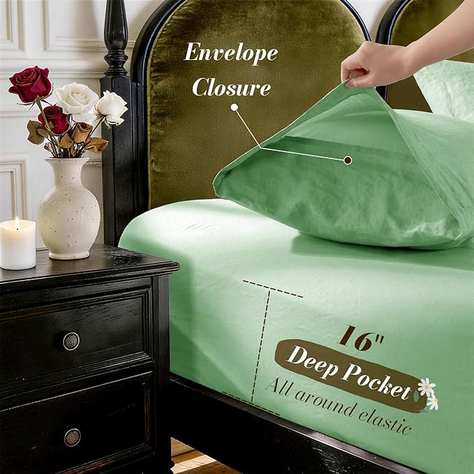 SONORO KATE 100% French Pure Linen Sheets, Breathable and Durable Linen Full Size Sheets, Anti-Tear Linen Bed Sheets, Machine Washable, 16 Inch Deep Pocket - 4 Piece (Green, Full)