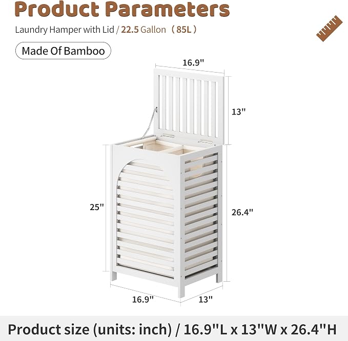 FILWH Laundry Hamper with Lid (16.9 * 13 * 26.5inches) Large Bamboo Laundry Bin Basket 85L Clothes Hamper with 1 Removable Bag Storage baskets for Bathroom (White) - Image 2