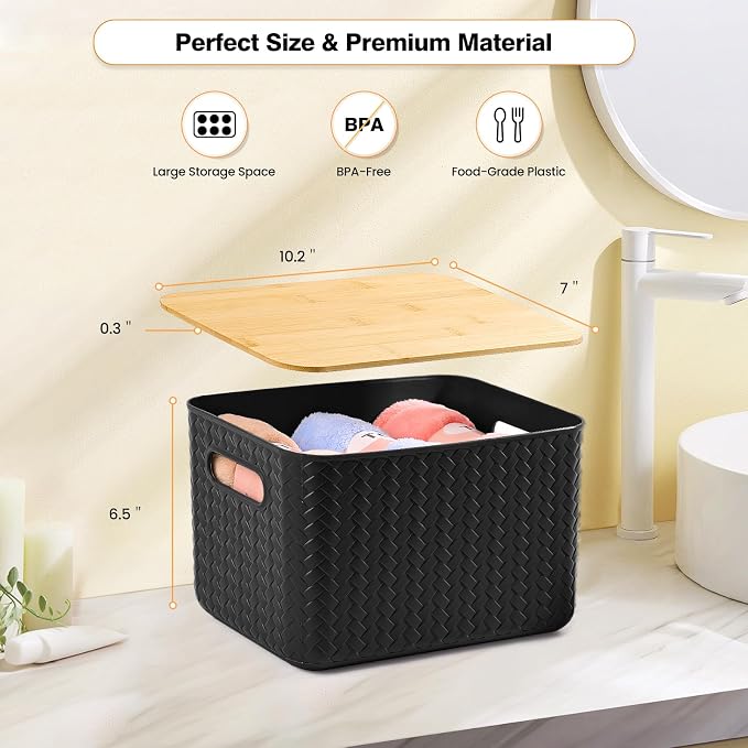 Ohmlove 4 Packs Storage Bins with Bamboo Lids - Plastic Storage Containers with Lids Stackable Storage Box: Storages Baskets for Organizing Desktop Closet Playroom Classroom Office, Black - Image 2