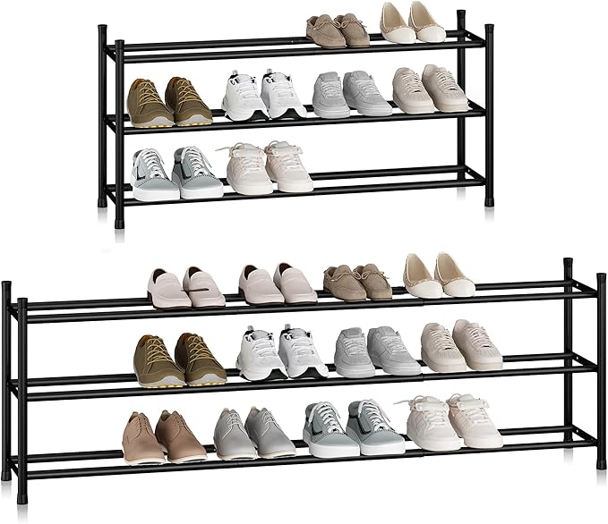 STORAGE MANIAC Long Expandable Shoe Rack, 18 Pairs Metal Wide Stackable Shoe Rack, Adjustable Shoes Shelf, Freestanding Shoes Organizer for Closet, Entryway, Hallway, Garage, Front Door, 3 Tiers by STORAGEMANIAC