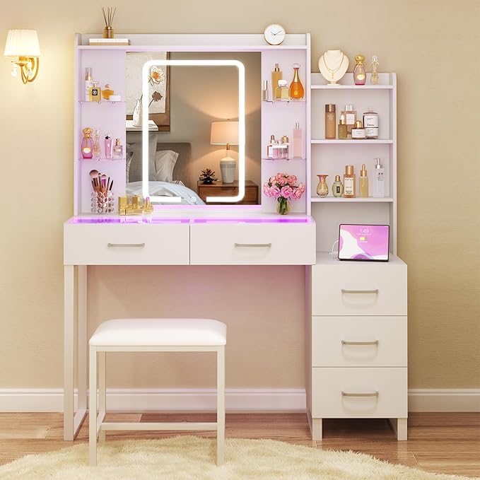 HUAHUU Vanity Desk with Mirror and Lights 3 Colors, 43.3" Makeup Vanity with Glass Top & RGB Light, White Vanity Table Set with Stool, 5 Drawers & Power Outlet for Bedroom Dressing Room