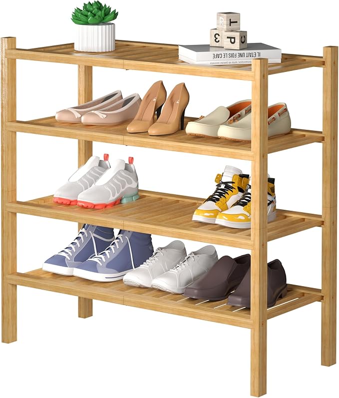 ROMGUAR CRAFT 4 Tier (Thick) Bamboo Shoe Rack for Closet Free Standing Wood Shoe Shelf for Entryway Small Space Stackable 27"x12"x28" (Natural) by ROMGUAR+CRAFT