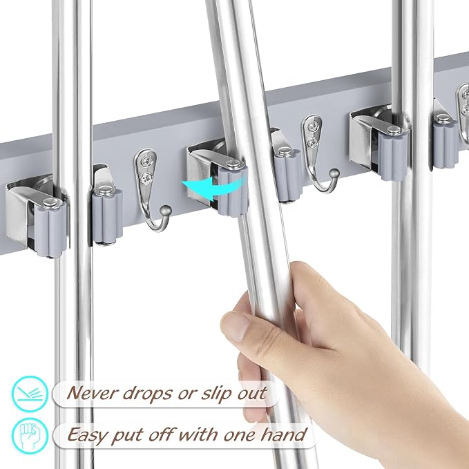 OUTNILI Gray Mop Broom Holder Wall Mount with 4 Slots & 4 Hooks - Wood Broom Mop Hanger for Pantry Closet Laundry Room Organization - Heavy Duty Garden Tool Organizer - Image 2
