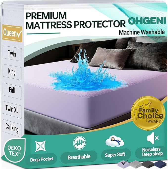OhGeni 100% Waterproof Mattress Protector, Queen Size Purple, Fitted Sheet with Deep Pockets, 6''-18'', Premium Noiseless Breathable Soft Material, Mattresses Cover for Bed