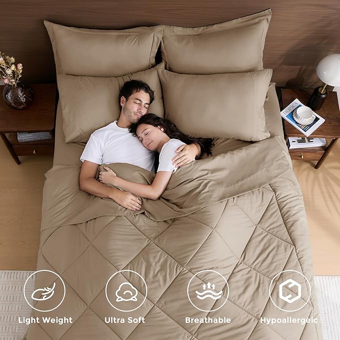 HEVUMYI Khaki Cali-King Comforter Set - 7-Piece All Season Bed in a Bag Cali-King, Ultra Soft Bedding Set with Comforter, Flat Sheet, Fitted Sheet, Pillowcases, Pillow Shams