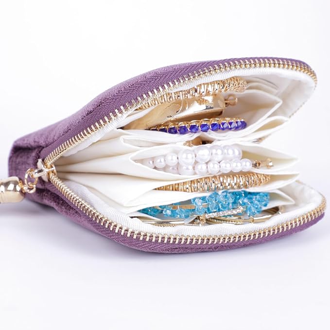 ASINGYER Travel Jewelry Storage Bag for Women, Velvet Portable Jewelry Organizer with Tassel Zipper, Small Pouches for Bracelets Necklaces Rings Earrings, Wedding Gift for Women (purple) - Image 2