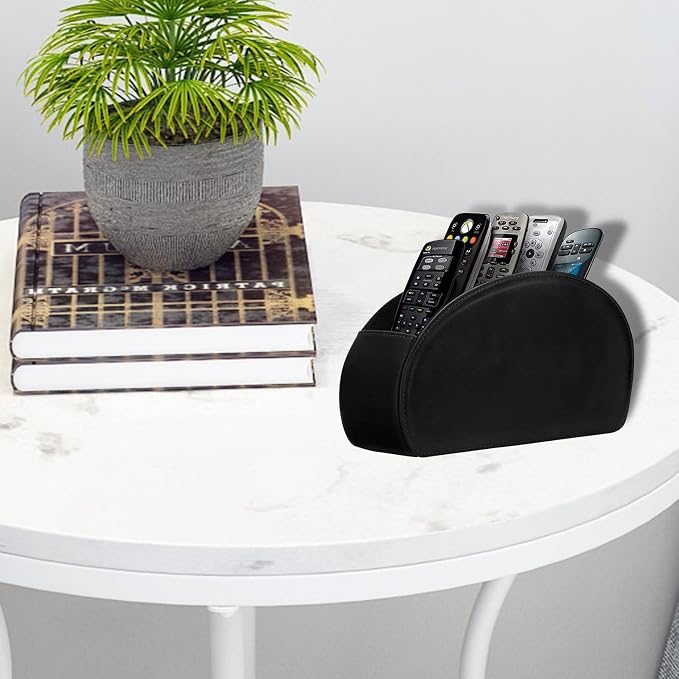 Leather Remote Control Holder with 5 Compartments TV Remote Caddy Storage Box/Tray,Desktop Organizer Store Controller,Glasses,Brush,Media Player,Pen,Space Saver for Bedside Table/Office Desk(Black) - Image 8