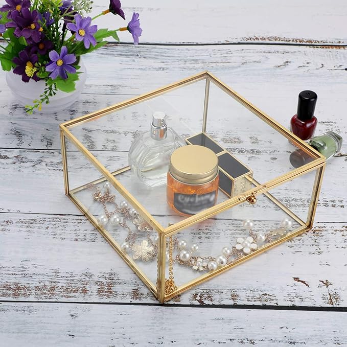 Hipiwe Vintage Glass Jewelry Organizer Box - Golden Metal Keepsake Box Desktop Jewelry Organizer Holder Wedding Birthday Gift Square Vanity Decorative Box for Dresser,6.3"x 6.3"x 3.35" - Image 4