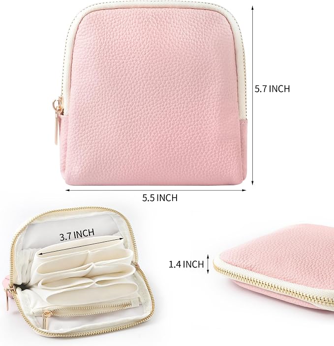 Genuine Leather Travel Jewelry Organizer Case Pouch Bags with Zipper, Small Mini Portable Jewelry Storage Bag for Ring Earrings Necklace Bracelet Travel Essentials Gift for Women（Pink） - Image 2