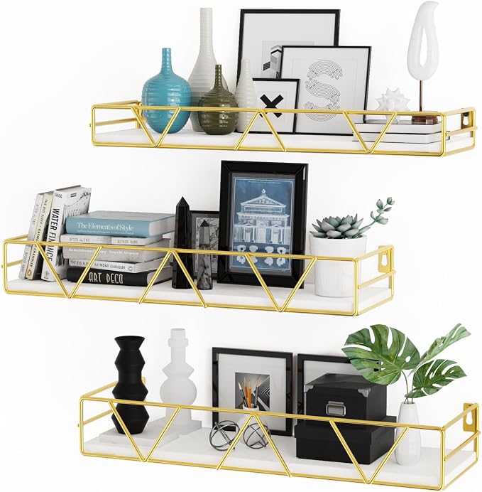 Amaoot Floating Shelves Set of 3, Home Wood Wall Shelf, Farmhouse Shelf for Bedroom, Wall Mounted Floating Shelf for Living Room, Bedroom, Bathroom, Kitchen, Office (Gold) by Amoot