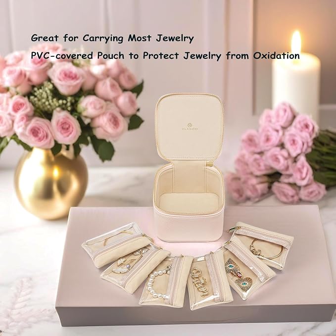VLANDO Travel Jewelry Box Organizer – Portable PU Leather Jewelry Case with 6/8/12 Zippered Pouches, Compact Storage for Earrings Rings Necklaces Bracelets, Rosy Mauve - Image 6