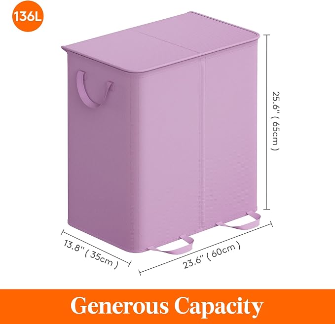 Lifewit Double Laundry Hamper with Lid and Removable Laundry Bags, Large Collapsible 2 Dividers Dirty Clothes Basket with Handles for Bedroom Laundry Room Closet Bathroom College, 136L Purple - Image 5