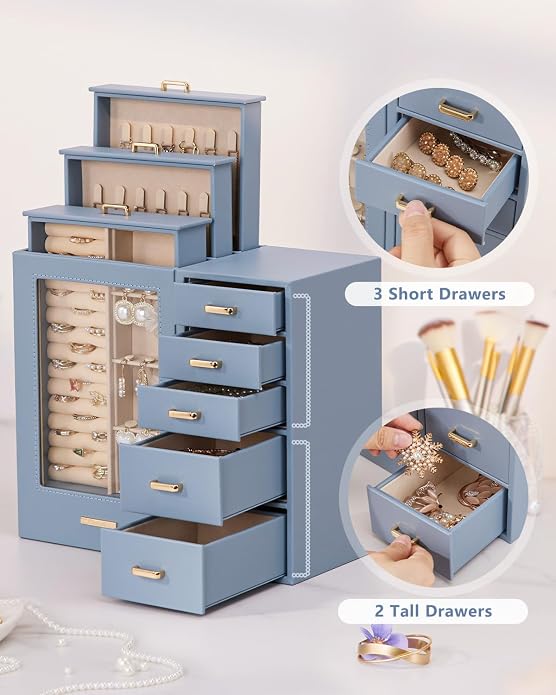 Homde Large Jewelry Box/Organizer/Case with Glass Window, Drawers for Necklaces Earrings Rings Bracelets Watches Gift for Women Girls - Image 4