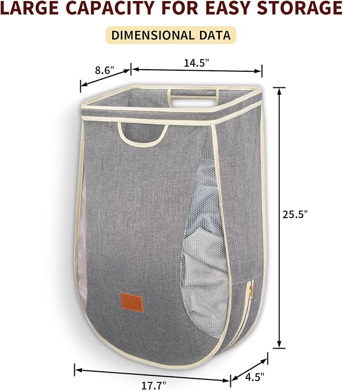 Ligereza Large Capacity Hanging Laundry Hamper Bag,Portable Over The Door Laundry Basket,Breathable Clothes Hamper,for Dormitory/Bathroom/RV Camping 14.5 x 8.6 x 25.5 in (Gray) - Image 2