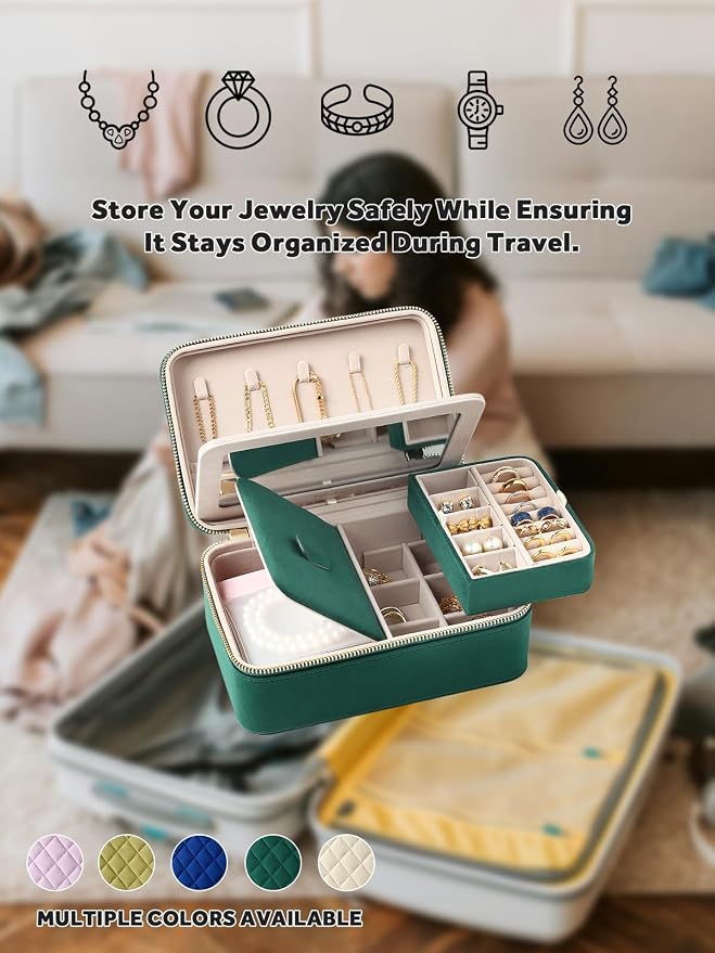 Velvet Travel Jewelry Box with Large Mirror, Double-Layer Jewelry Organizer Case for Women and Girls, Portable Storage Case with 6 Anti-Tarnish Bags Gift Ready for Her (Emerald Green) - Image 8