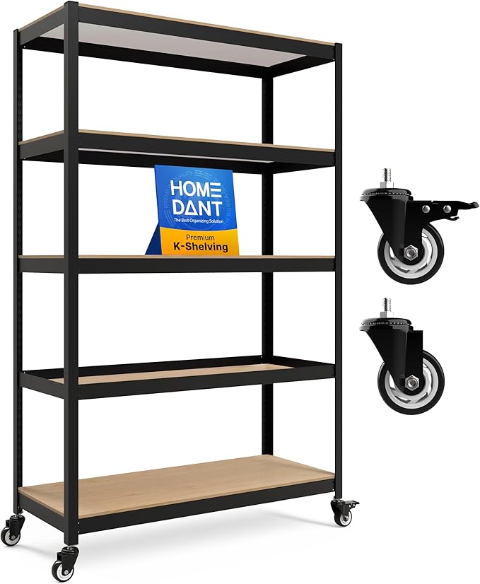 HOMEDANT House 48.1" 5-Tier Metal Rolling Cart Shelf Rack Casters Heavy Duty Laminated Wheel Shelving Unit Adjustable Utility Storage Shelves Shelf Kitchen Garage Black 1Pack by TheBestOrganizingSolution