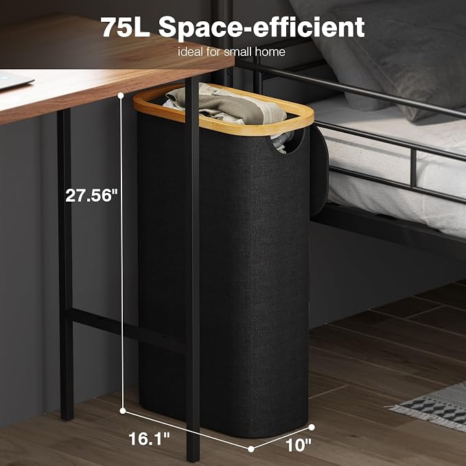 Bathola 75L Slim Laundry Hamper with Lid, Dirty Clothes Hampers for Laundry, Collapsible Laundry Baskets for Small Spaces, Bedroom, Bathroom, Laundry Room, Black - Image 2