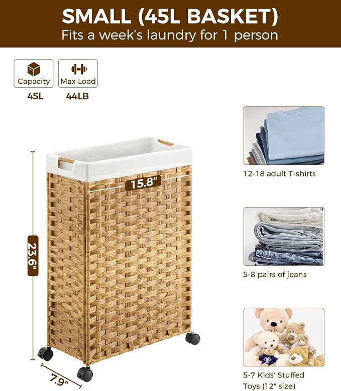 Greenstell Laundry Hamper with Wheels, 11.9 Gallon (45L) Small Clothes Hamper with 2 Removable Liner Bags & 2 Mesh Bags, Slim Rattan Laundry Basket for Bathroom, Bedroom, Natural - Image 4