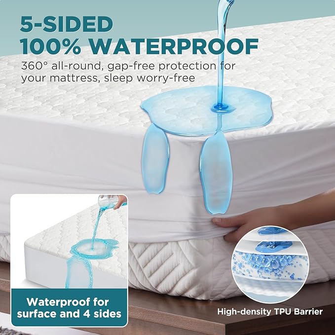 5-Sided Waterproof Mattress Protector, Twin XL Size Quilted Bamboo Rayon Mattress Cover, Breathable Cooling Noiseless Bed Fitted Sheets, Soft Bedding Pad with Deep Pocket Up to 18"