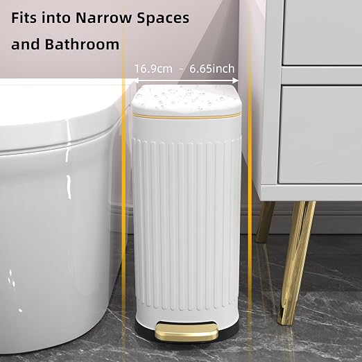 KSSKSS 2.6 Gallon Slim Bathroom Trash Can with Soft Close Lid, 10L Stainless Steel Garbage Can with Removable Liner Bucket, for Narrow Spaces, Bathroom, Bedroom (White) - Image 2