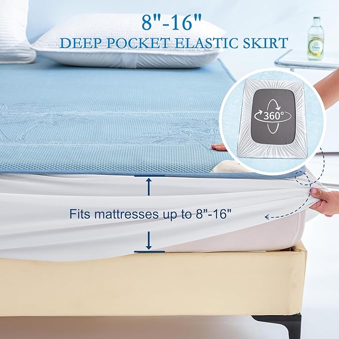 YOUR MOON King Size Cooling Mattress Pad for Hot Sleepers - Soft Breathable Noiseless Bed Pad Cover Mattress Cover, 8"-16" Deep Pocket - Enhanced Cooling Technology for Restful Sleep, Light Blue