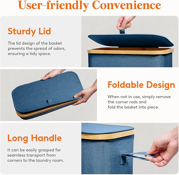 Lifewit 65L Slim Laundry Hamper with Lid, Narrow Laundry Basket with Removable Bag & Bamboo Handles, Fodable Thin Dirty Clothes Hamper for Laundry Collapsible Bin for Bathroom Bedroom Dorm, Dark Blue - Image 5