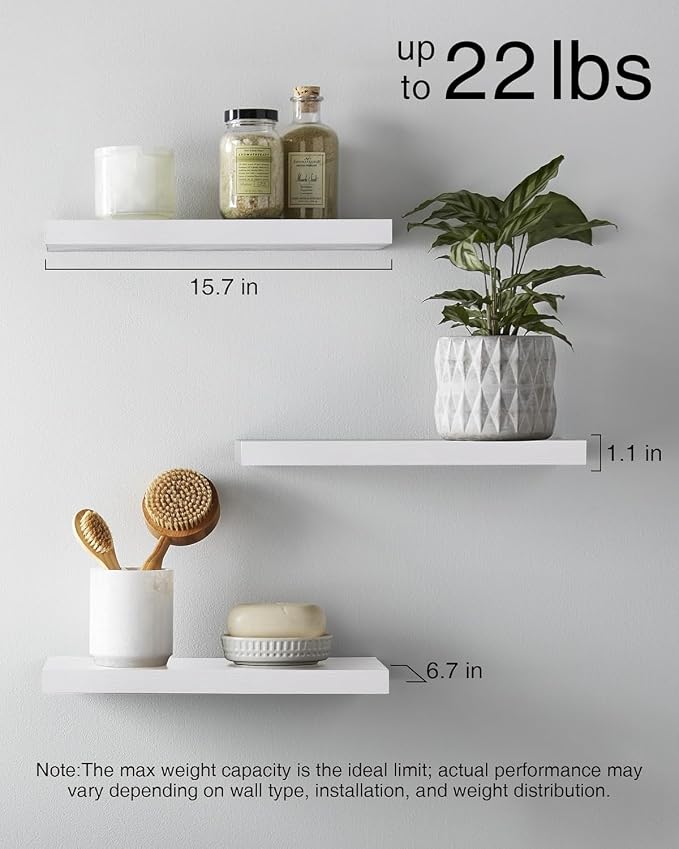 BAYKA White Floating Shelves for Wall Set of 3, Rustic Wood Wall Shelves with Metal Brackets for Bathroom, Bedroom, Kitchen, or Living Room Decor Organization, Sturdy Storage with 22lb Capacity - Image 3