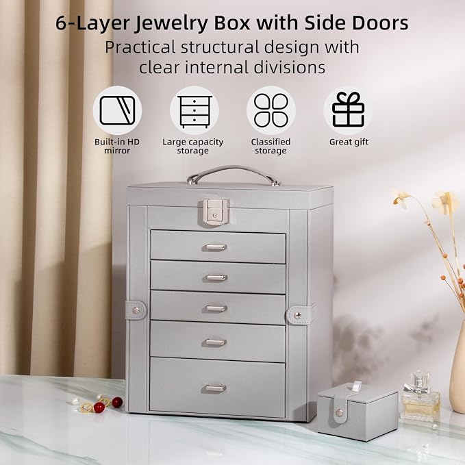 Large Jewelry Box,5-Tier PU Leather Jewelry Organizer with Lock,Multi-functional Storage Case with Mirror,Jewelry Organizer for Bracelets, Earrings, Rings, Necklaces, Mothers Day (GRAY) - Image 3