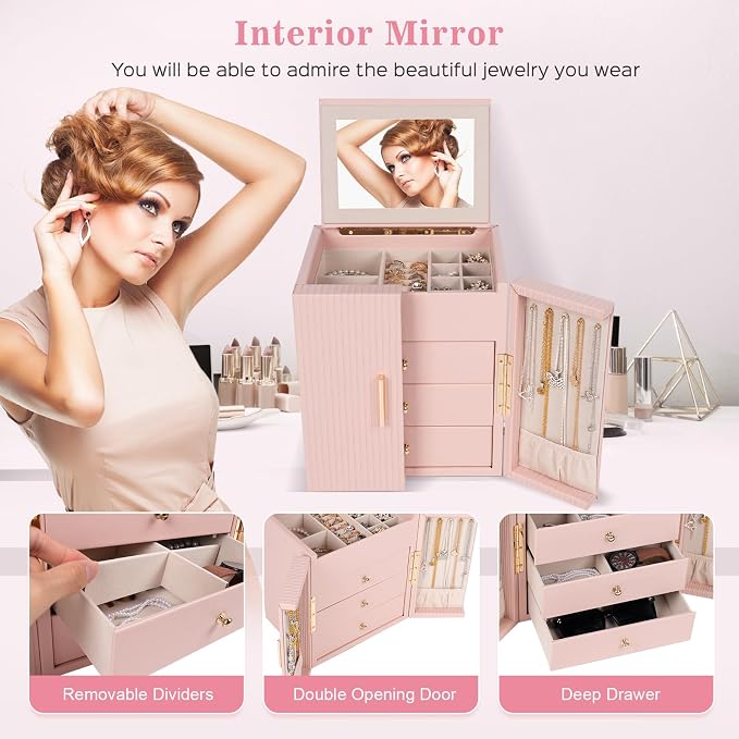 Dajasan Large Jewelry Box Organizer, Jewelry Storage with 3 Drawers, Huge Jewelry Box with Mirror, Gift Idea for Women, Girls, Double Door, Textured PU Leather Surface, Stylish (Pink + Gold) - Image 5