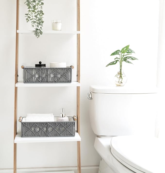 Mkono Macrame Storage Baskets Boho Decor Box Handmade Woven Decorative Countertop Toilet Tank Shelf Cabinet Organizer for Bedroom Livingroom Home, Set of 2, Grey - Image 2