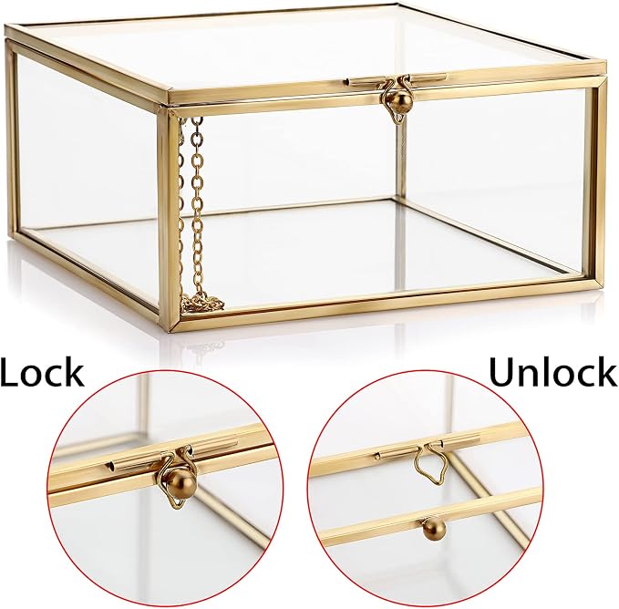 Hipiwe Vintage Glass Jewelry Organizer Box - Golden Metal Keepsake Box Desktop Jewelry Organizer Holder, Wedding Birthday Gift, Square Vanity Decorative Box for Dresser,Bathroom - Image 5
