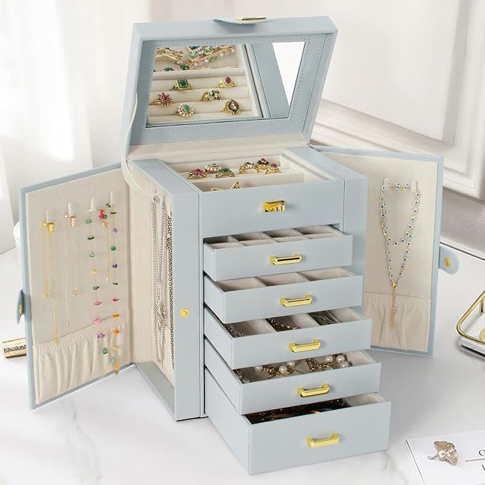 AKOZLIN Functional 6-Tier Jewelry Box Organizer with 5 Drawers Leather Jewelry Storage Case for Women Girls Ring Necklace Earring Bracelet Holder Organizer with Mirror Grey - Image 2