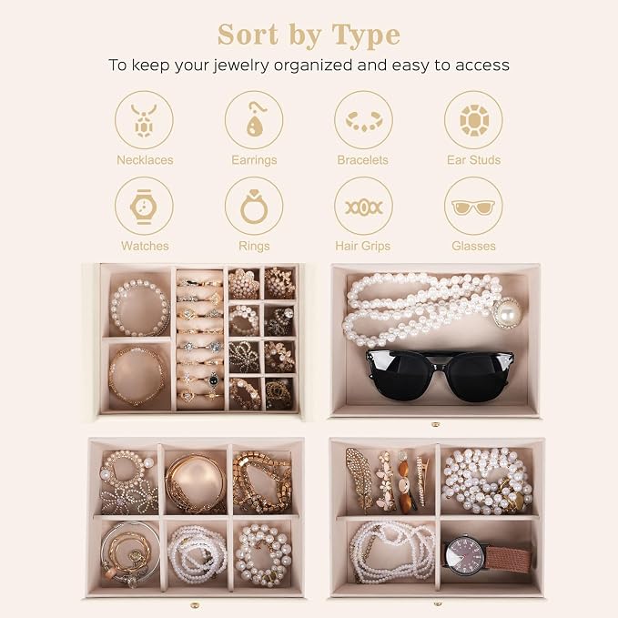 Dajasan Large Jewelry Box Organizer, Jewelry Storage Organizer with 3 Drawers, Huge Jewelry Box with Mirror for Women Girls, Double Door, Textured PU Leather, Gift Idea, Stylish (Beige + Gold) - Image 3
