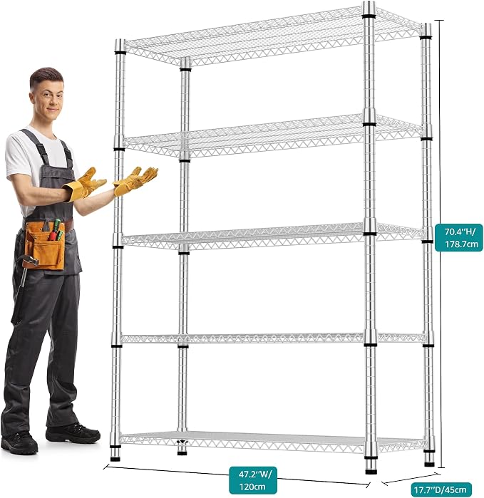 M MZG 5 Tiers Shelf Metal Storage Shelves 3300 lbs Steel Storage Shelving Utility Shelving Unit Steel Organizer Wire Rack for Home,Kitchen,Office,Garage Chrome 17.7" D x 47.2" W x 70.3" H - Image 3