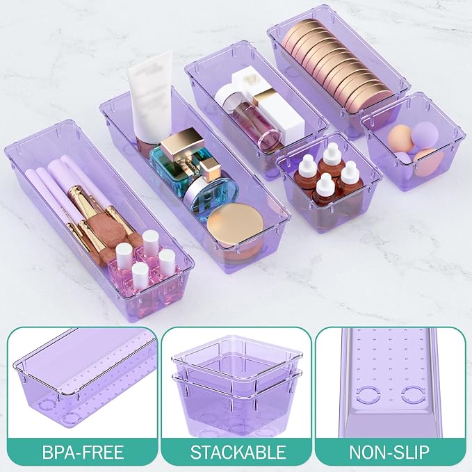 WOWBOX 9 Pack Clear Drawer Organizer Set, Acrylic Drawer Storage Trays, Storage Bins for Makeup, Cosmetics, Jewelries, Utensils, Gadgets, Office, Purple - Image 3