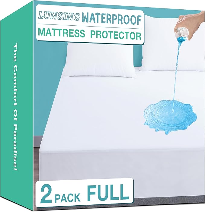 Lunsing Soft 2 Pack Full Size Waterproof Mattress Protector with 6-16 Inches Deep Pocket, White