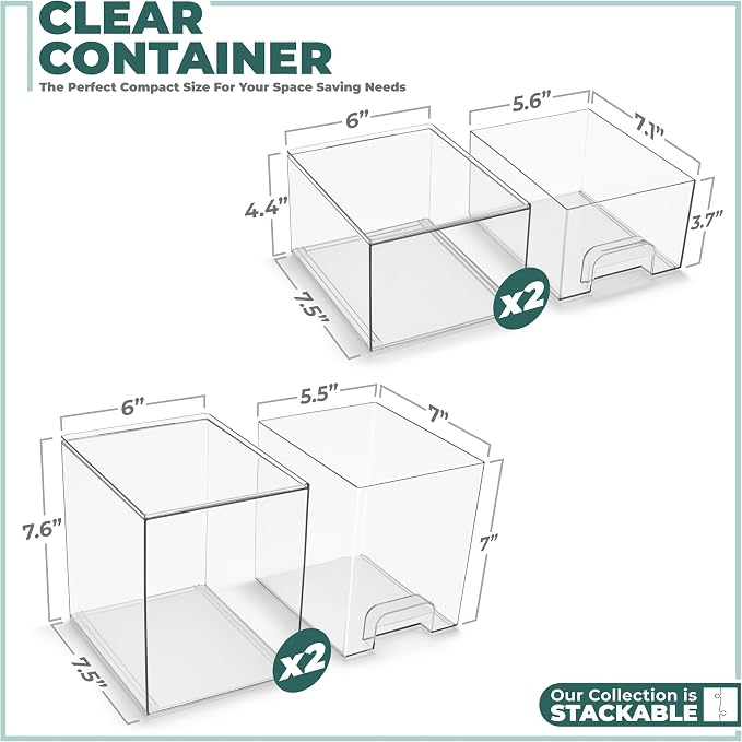 Sorbus Stackable Acrylic Storage Drawers, 4 Pack Clear Plastic Organizer Bins for Baby Bottles, Makeup, Bathroom, Vanity & Countertop Organization, Pull-Out Drawer Design for Cabinets & Pantry - Image 6