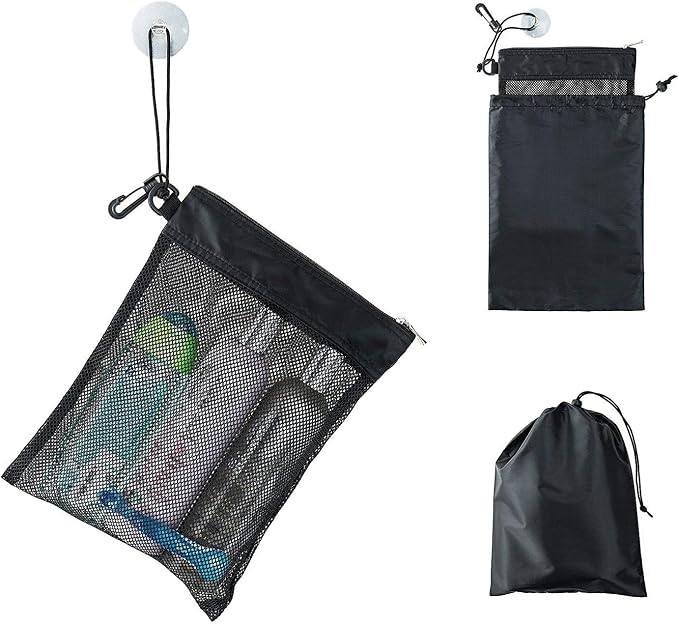 Shower Bag Tote, Mesh Caddy Toiletry Organizer 12”L x 9”W, Compact and Lightweight With Suction Cup, Cord for Hanging, Zipper and Drawstring Pouch 14”L x 10”W, Black by Unknown