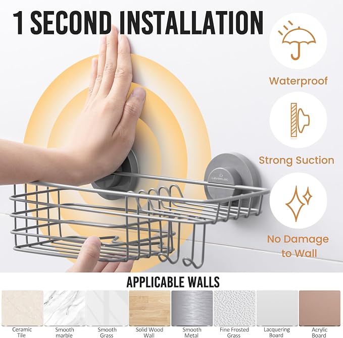 LEVERLOC Shower Caddy Suction Cup, Heavy Duty Bathroom Organizer for Inside Shower with Hooks & Soap Holder， NO-Drilling Bathroom Shower Holder-Grey - Image 2