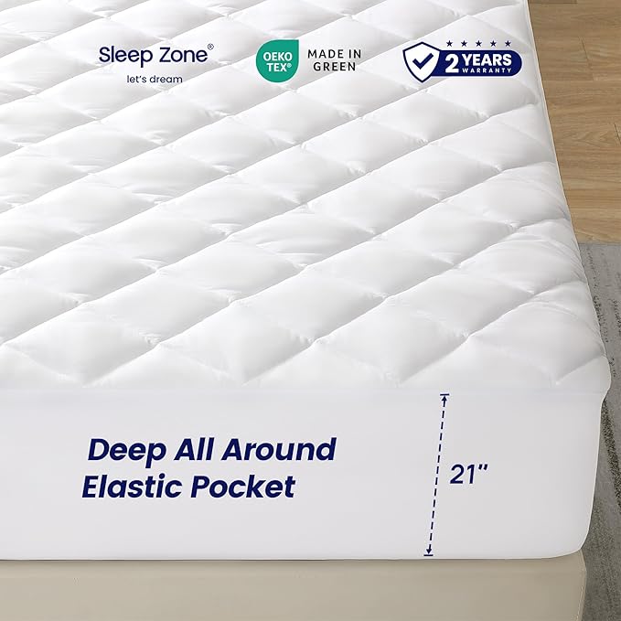 SLEEP ZONE Cooling Mattress Pad King Non Slip, Breathable Bed Cover with Down Alternative Filling Mattress Protector, Easy Washable (White, King, 78x80)