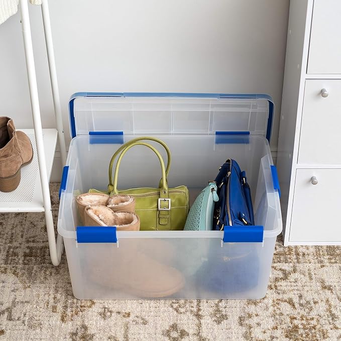 IRIS USA WeatherPro 60 Qt Storage Bins with Lids, 3 Pack, BPA-Free Plastic Gasket Box with Tight Latch and Seal, Stackable Nestable Tote Tub - Clear/Blue - Image 6