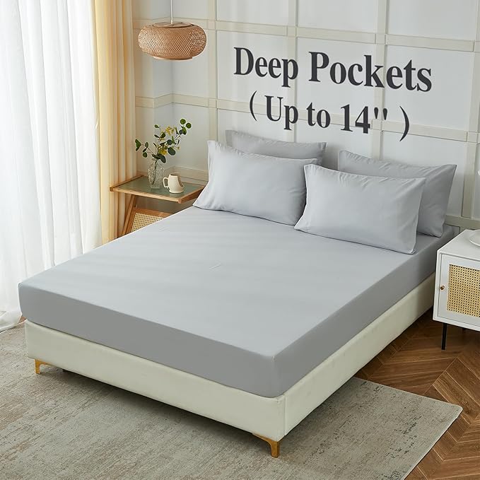 ILAVANDE Queen Sheets Set 6 Piece,Hotel Luxury Super Soft 1800 Series Microfiber Queen Bed Sheets Set-Wrinkle Free & Breathable-14 Deep Pocket Sheets for Queen Size Bed(Queen,Light Grey)