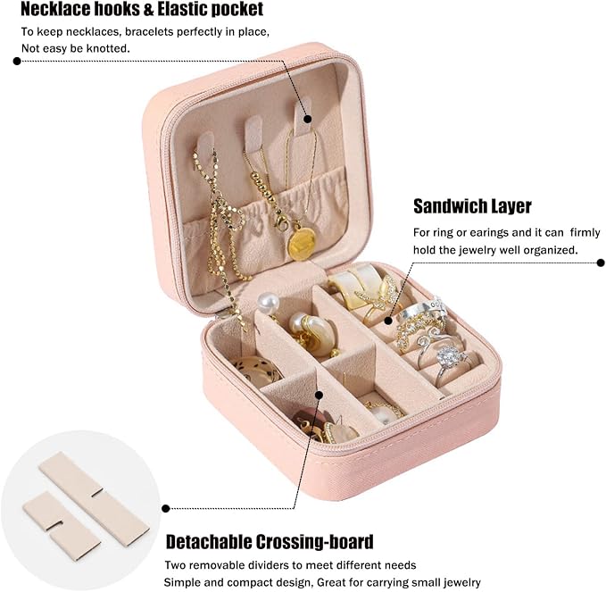 MODENGKONGJIAN Mini Jewelry Travel Case, PU Leather Organizer Box, Small Portable Jewellery Storage Holder for Womens Rings Earrings Necklaces Bracelets (Pink) - Image 2
