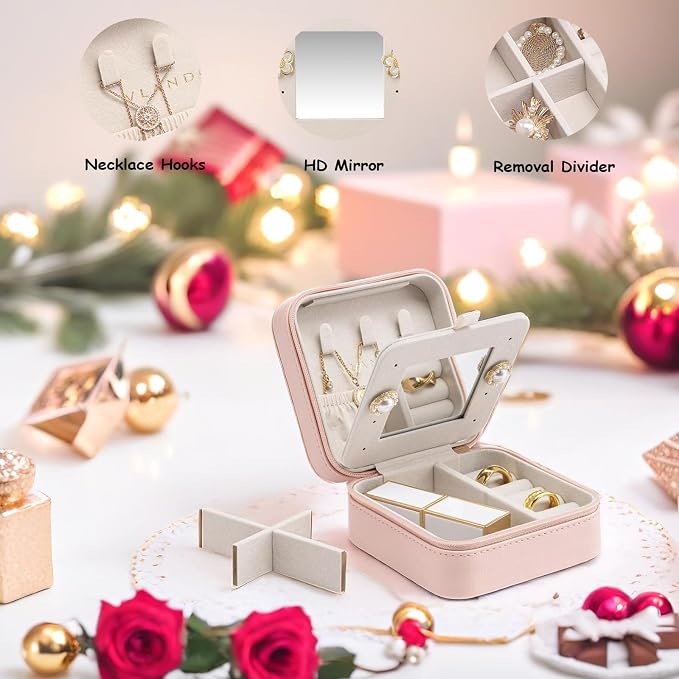 Vlando Small Travel Jewelry Box Organizer - Mirrored Jewelries Necklaces Rings Earrings Necklace Storage Case, Pink - Image 3