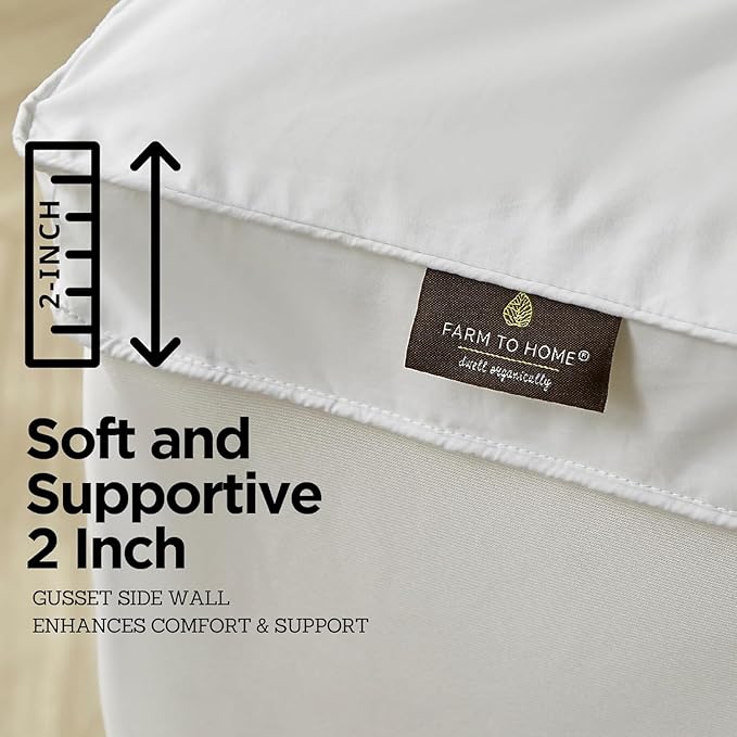 Farm to Home Organic Cotton Pillow Top Mattress Topper - Quilted Fitted Mattress Pad Cover with 16 Inch Deep Pocket, 2 Inch Down Alternative Mattress Protector for Support - King Size, White