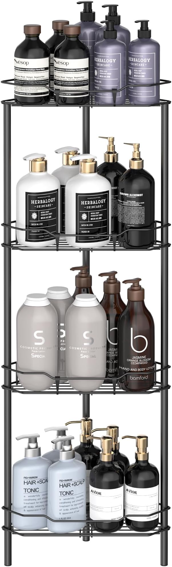 HuggieGems 4 Tier Floor Standing Corner Shower Caddy Organizer Shelf with Hooks, Bathroom Shelves Stand Rack, Matt Black by HuggieGems